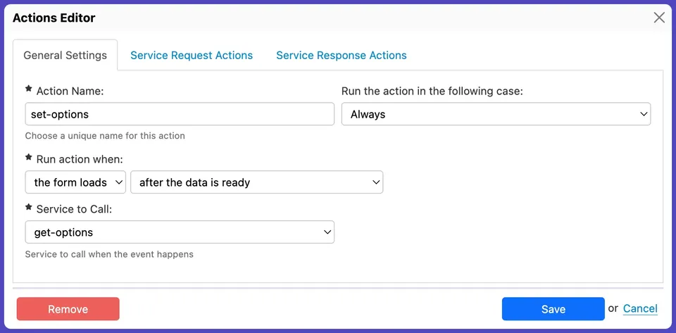 Actions Editor dialog